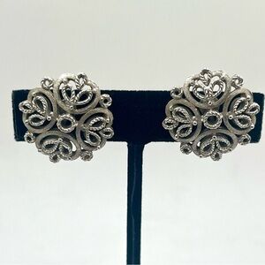 napier vintage silver tone clip on earrings ornate scroll filigree